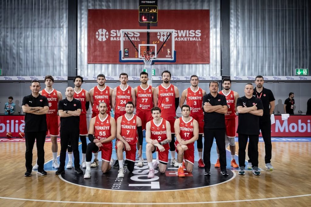 Türkiye national team in Fribourg during the Switzerland vs Türkiye game – FIBA World Cup 2027 European Qualifiers