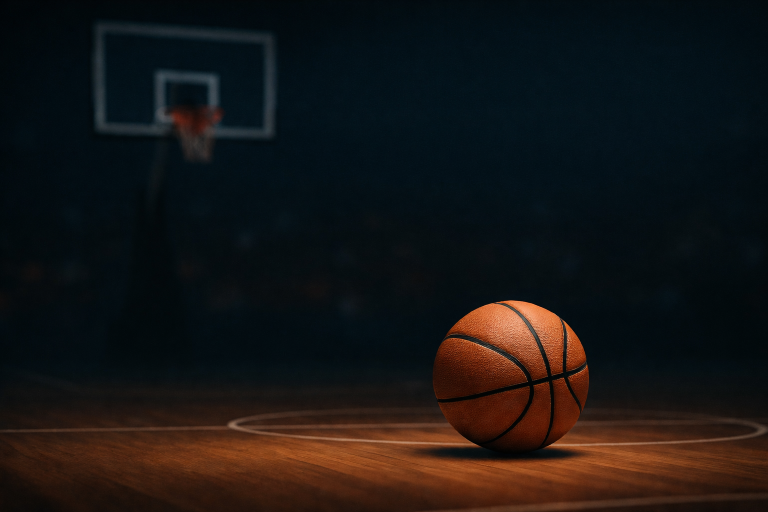 Basketball on a dimly lit court, representing film storytelling beyond the box score