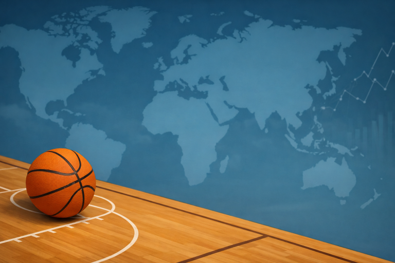 Basketball on a court with a world map background, symbolizing global European basketball business